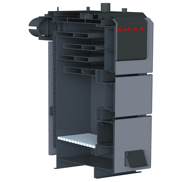 Розріз сталевого твердопаливного котла ALMAX Class D із чотирьохходовим теплообмінником